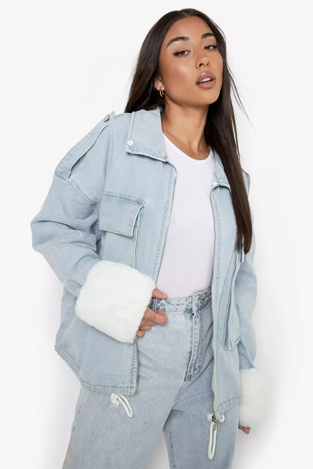 Detachable Faux Fur Trim Denim Jacket